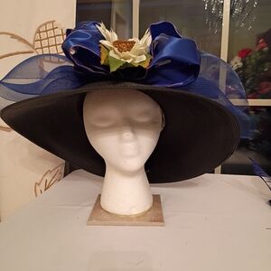 Custom Black Wide-Brim Derby Hat with Blue Ribbon and Flower
